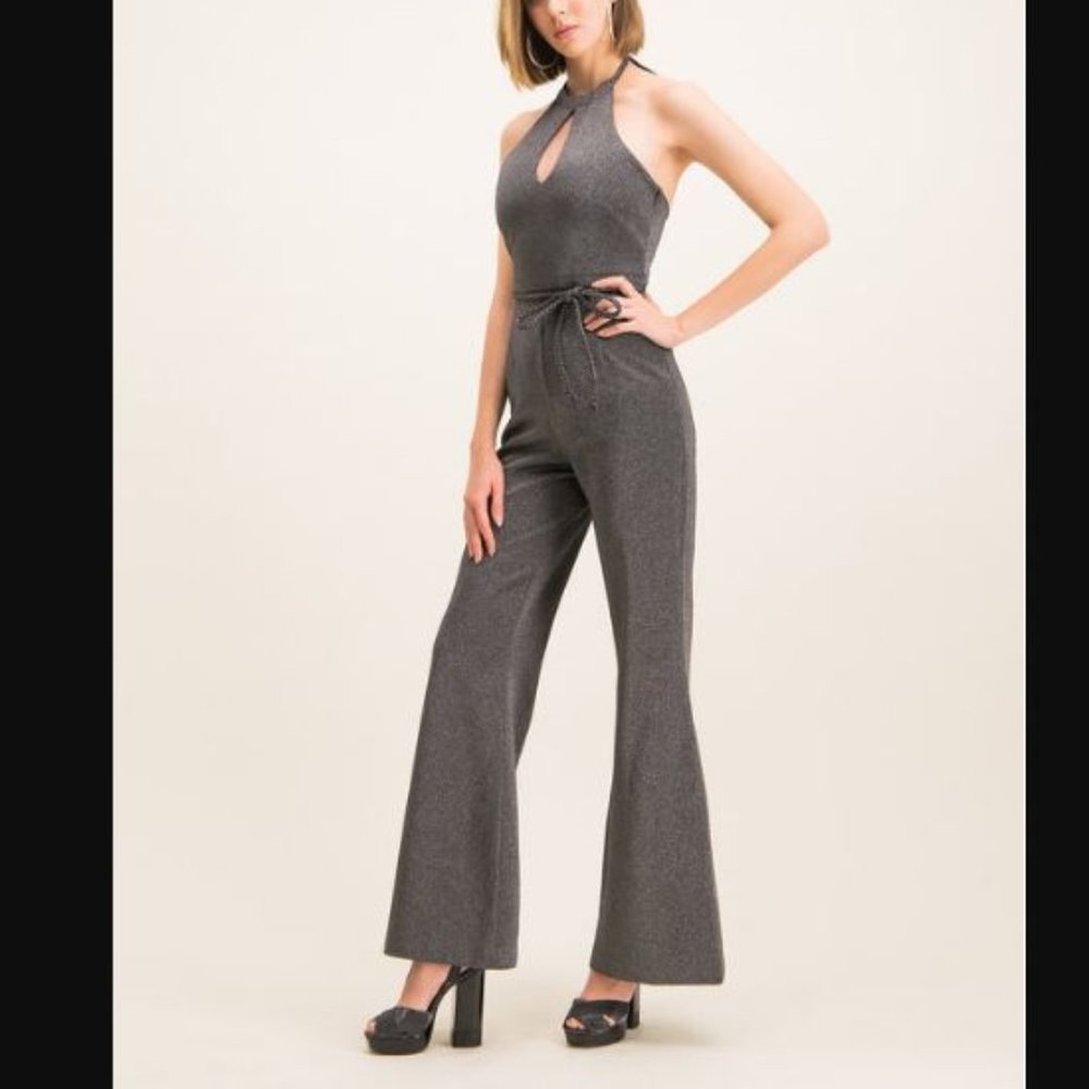 Tommy Hilfiger Metallic Zendaya Halter Jumpsuit Wide Leg Size 2 Gray